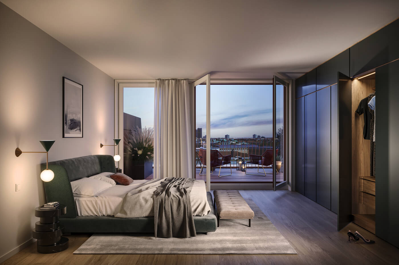 Neubau Van B: Schlafzimmer mit Bett, Fensterfront und Balkon mit Stadtblick
