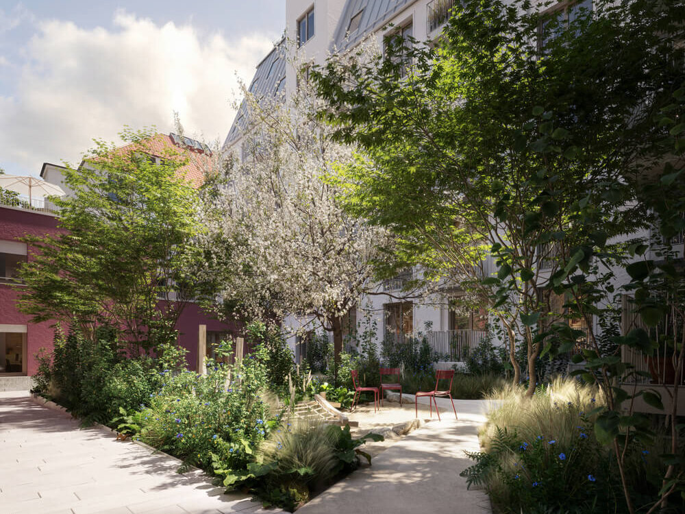 Gartenhof mit Bepflanzung und Sitzplätzen im Neubau Haus Claude in Untergiesing