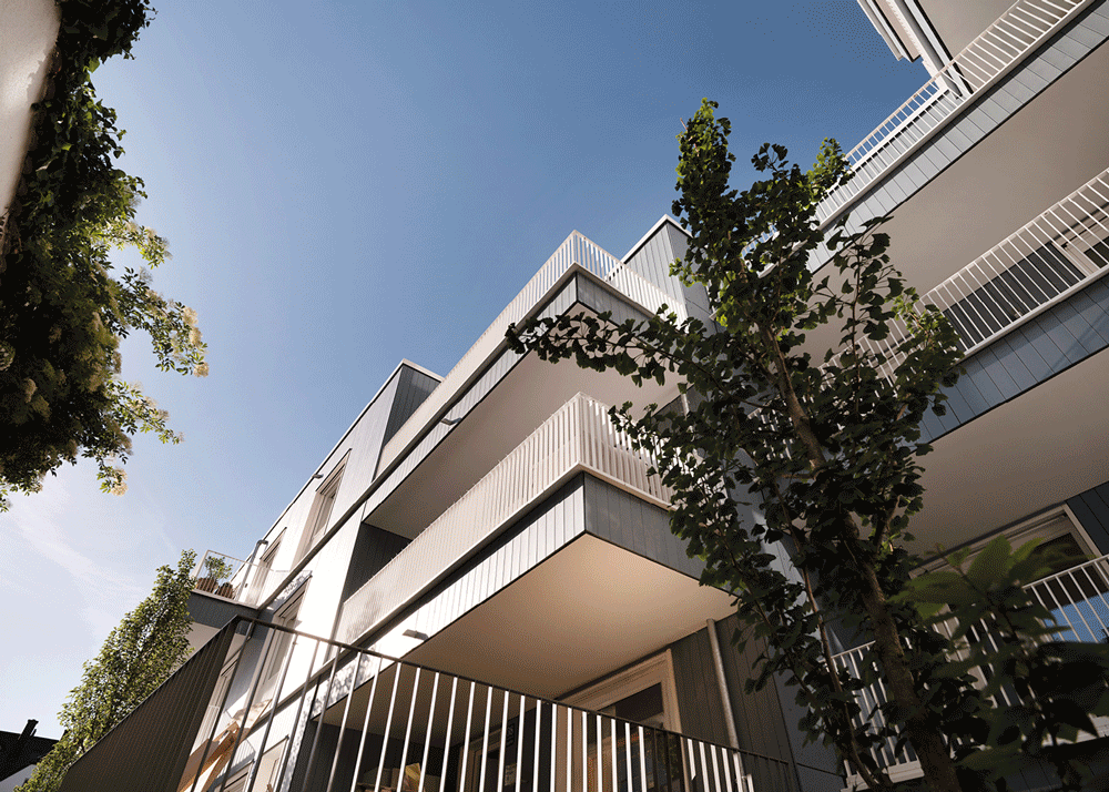 Fassade mit Balkonen im Neubauprojekt VINZENT in München-Neuhausen