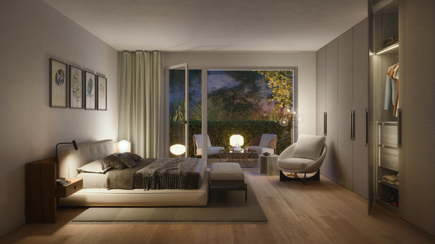 Schlafzimmer eine Wohnung im Neubauprojektes Vinzent in München Neuhausen
