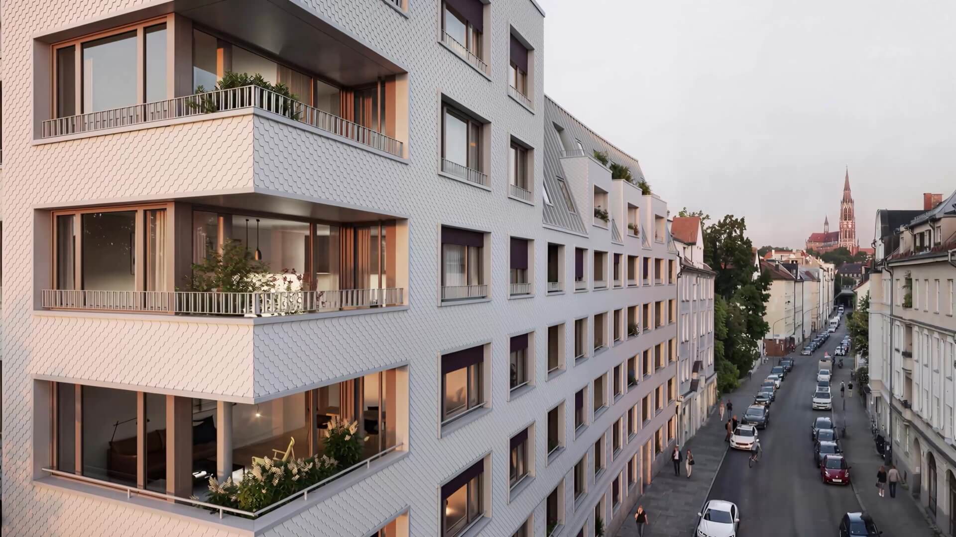 Eckansicht des Neubauprojekts Haus Claude in München-Untergiesing mit Loggien.