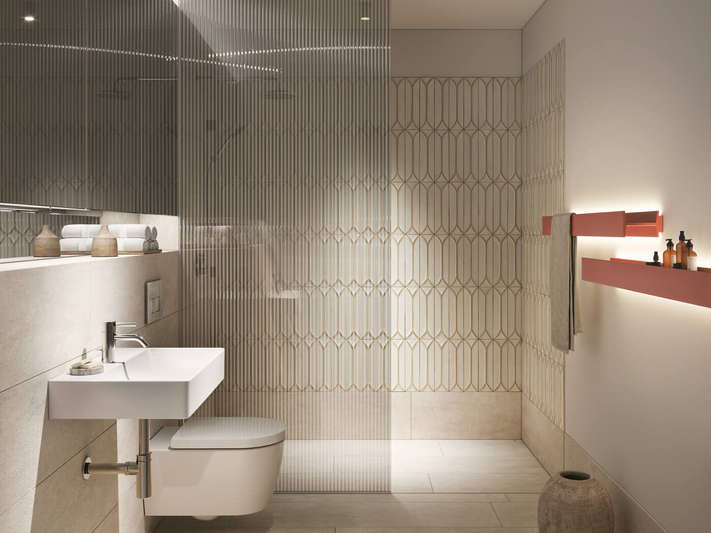 Bad im Neubauprojekt Haus Claude in Untergiesing mit Dusche, WC und Waschbecken