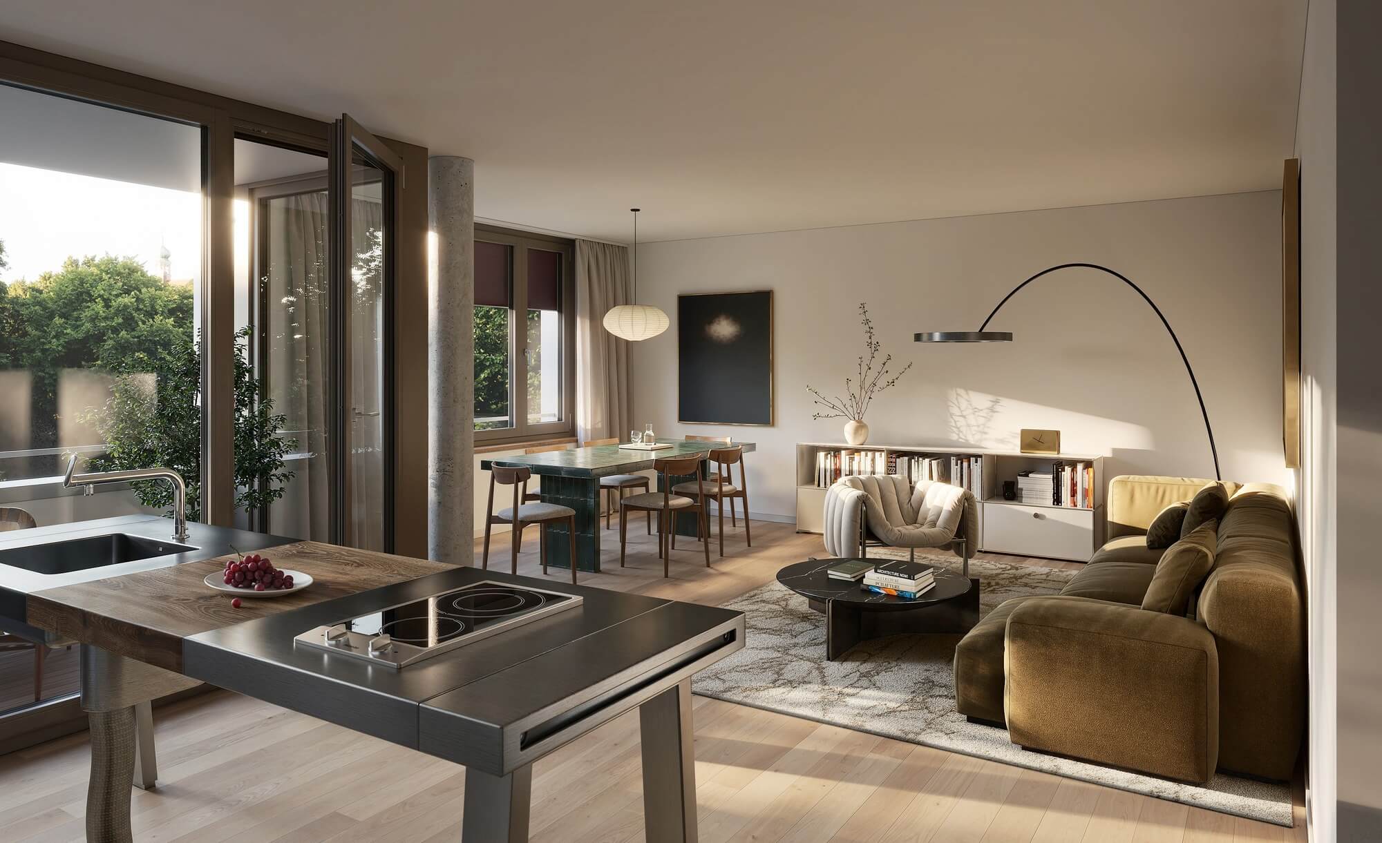 Wohnbereich der 3-Zimmer-Wohnung im Neubauprojekt Haus Claude in Untergiesing