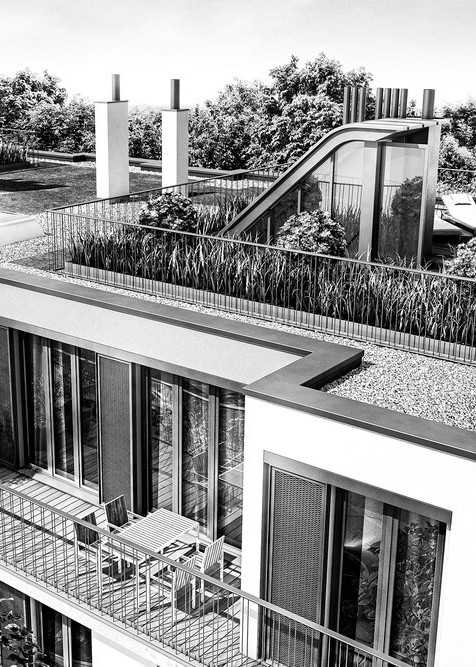 Fassadenansicht des Wohnprojekts in der Sankt-Magnus-Straße 31 mit Blick ins Grüne.