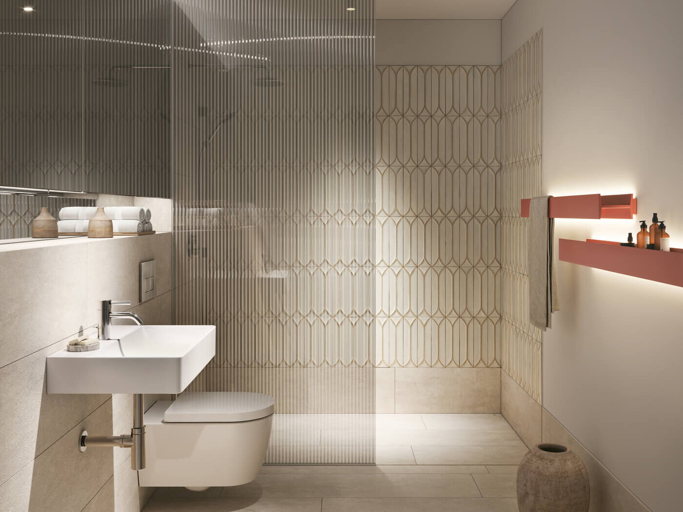 Bad im Neubauprojekt Haus Claude in Untergiesing mit Dusche, WC und Waschbecken