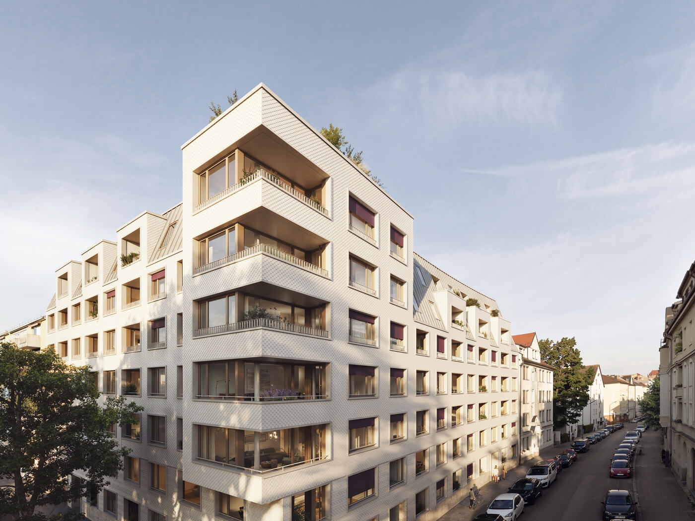 Eckansicht des Neubauprojekts Haus Claude in München-Untergiesing mit Loggien.